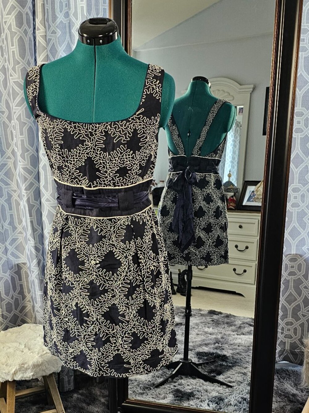 French Connection Linen‑Cotton Apron Mini Dress, Silk Ribbon, Vintage, Size 8